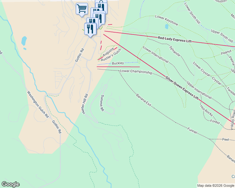 map of restaurants, bars, coffee shops, grocery stores, and more near Summit Road in Gunnison