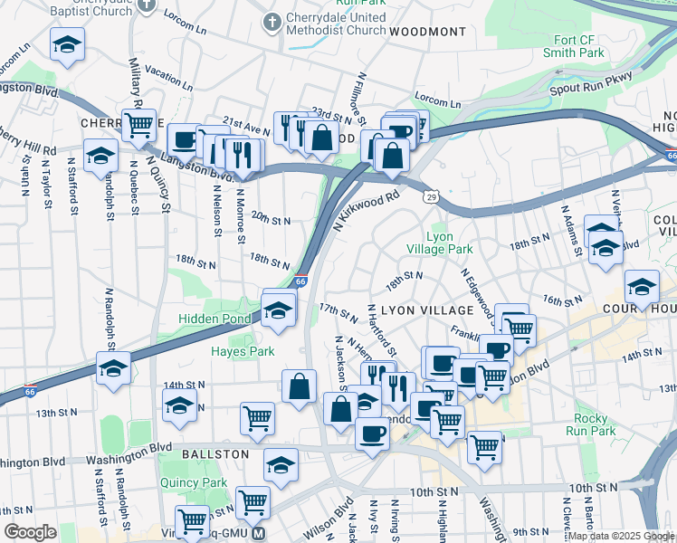 map of restaurants, bars, coffee shops, grocery stores, and more near 1821 North Jackson Street in Arlington