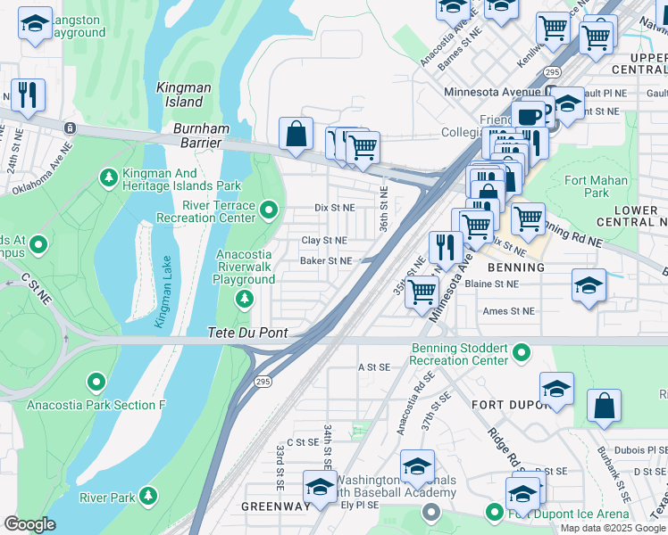 map of restaurants, bars, coffee shops, grocery stores, and more near 221 34th Street Northeast in Washington