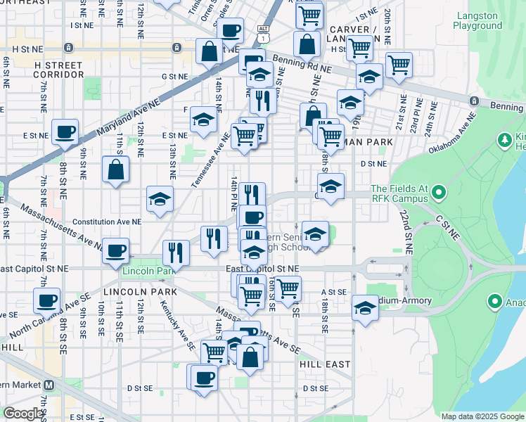map of restaurants, bars, coffee shops, grocery stores, and more near 1533 North Carolina Avenue Northeast in Washington
