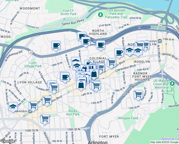 map of restaurants, bars, coffee shops, grocery stores, and more near 2101 Wilson Boulevard in Arlington