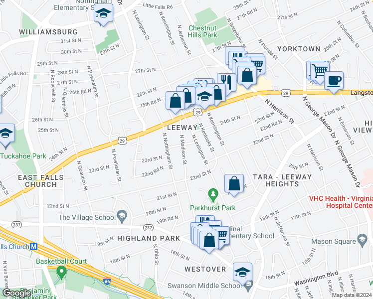 map of restaurants, bars, coffee shops, grocery stores, and more near 2249 North Madison Street in Arlington