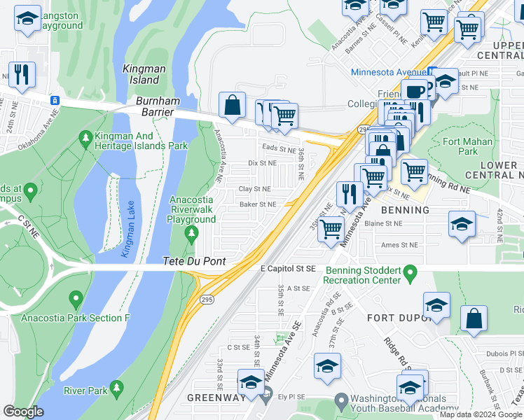 map of restaurants, bars, coffee shops, grocery stores, and more near 221 34th Street Northeast in Washington