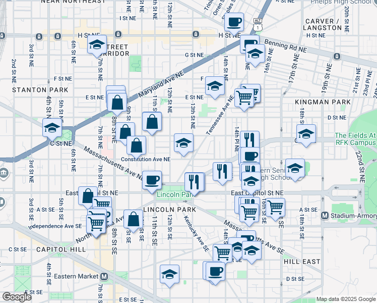 map of restaurants, bars, coffee shops, grocery stores, and more near 1250 Constitution Avenue Northeast in Washington