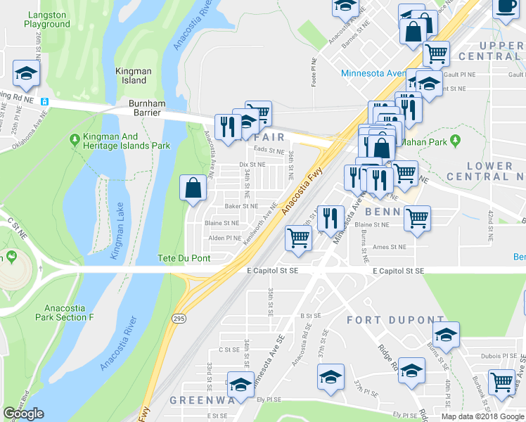 map of restaurants, bars, coffee shops, grocery stores, and more near 3427 Baker Street Northeast in Washington
