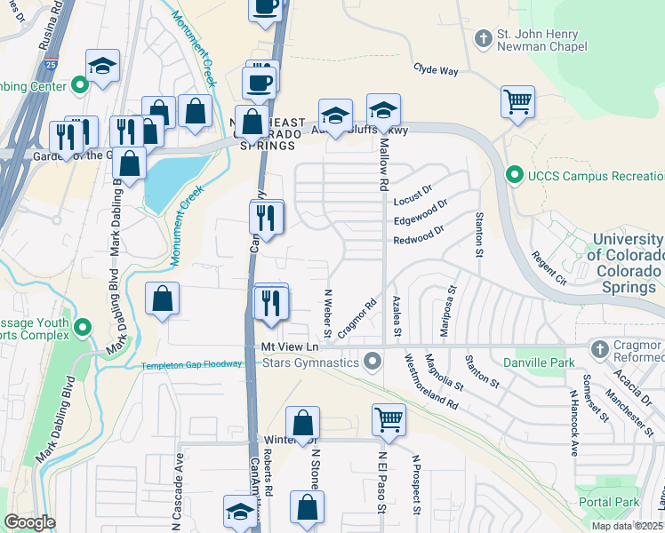 map of restaurants, bars, coffee shops, grocery stores, and more near 4010 North Weber Street in Colorado Springs