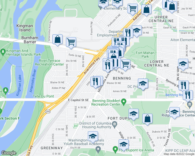 map of restaurants, bars, coffee shops, grocery stores, and more near 190 36th Street Northeast in Washington