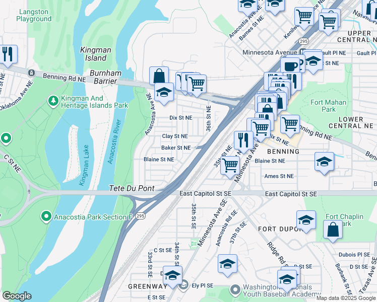 map of restaurants, bars, coffee shops, grocery stores, and more near 3427 Baker Street Northeast in Washington