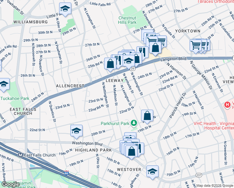 map of restaurants, bars, coffee shops, grocery stores, and more near 2249 North Madison Street in Arlington