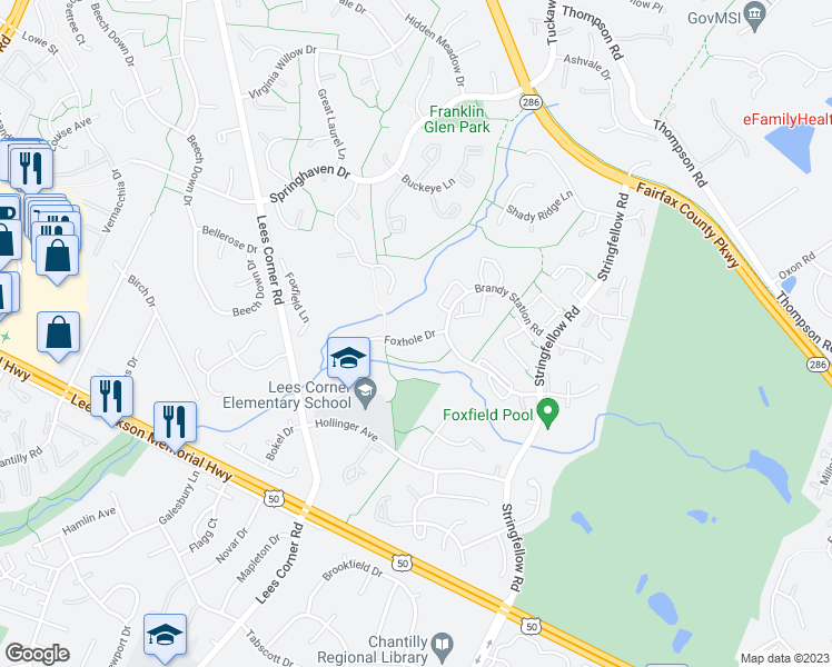 map of restaurants, bars, coffee shops, grocery stores, and more near 13338 Foxhole Drive in Fairfax
