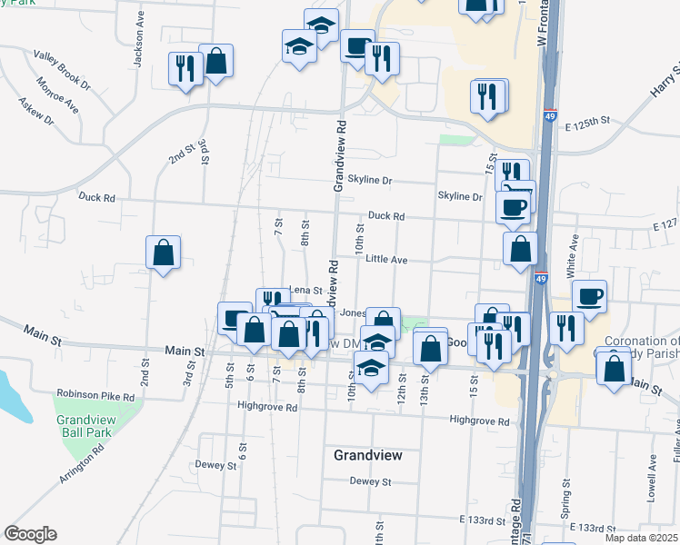 map of restaurants, bars, coffee shops, grocery stores, and more near 12807 Grandview Road in Grandview
