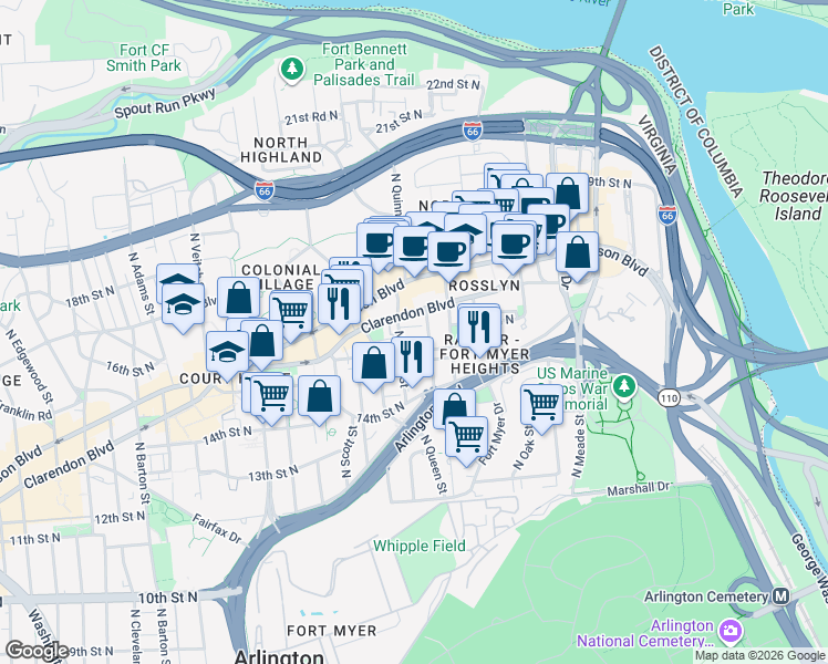 map of restaurants, bars, coffee shops, grocery stores, and more near 1700 Clarendon Boulevard in Arlington