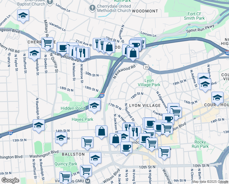 map of restaurants, bars, coffee shops, grocery stores, and more near 1821 North Jackson Street in Arlington