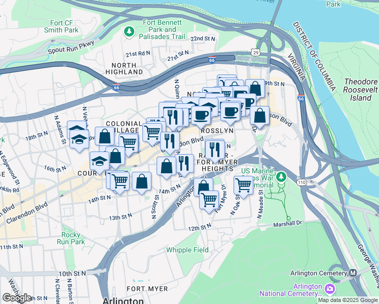 map of restaurants, bars, coffee shops, grocery stores, and more near 1610 North Queen Street in Arlington