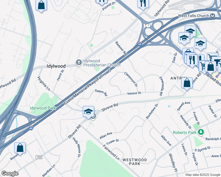 map of restaurants, bars, coffee shops, grocery stores, and more near 2420 Lexington Road in Falls Church