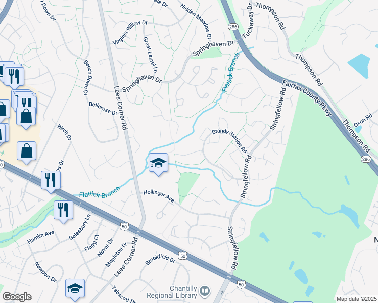 map of restaurants, bars, coffee shops, grocery stores, and more near 13338 Foxhole Drive in Fairfax