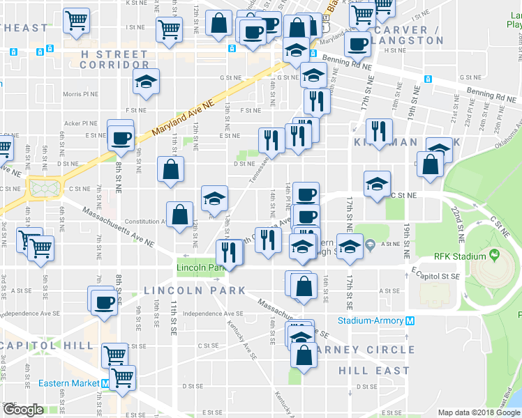 map of restaurants, bars, coffee shops, grocery stores, and more near 101 Independence Avenue Southeast in Washington