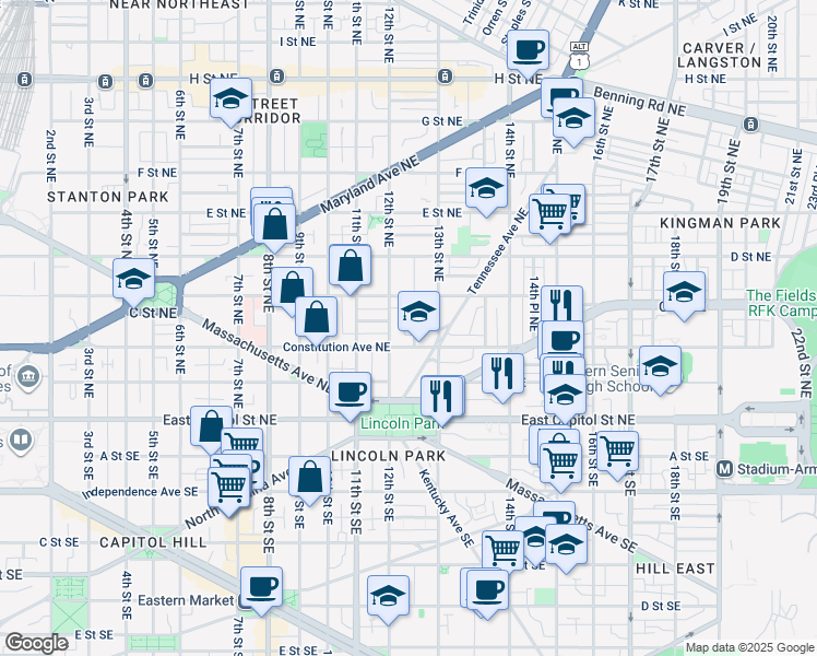 map of restaurants, bars, coffee shops, grocery stores, and more near 220 12th Place Northeast in Washington