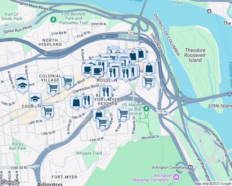 map of restaurants, bars, coffee shops, grocery stores, and more near 1600 North Oak Street in Arlington
