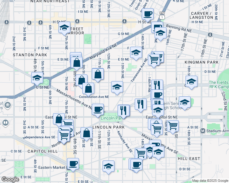 map of restaurants, bars, coffee shops, grocery stores, and more near 220 12th Place Northeast in Washington