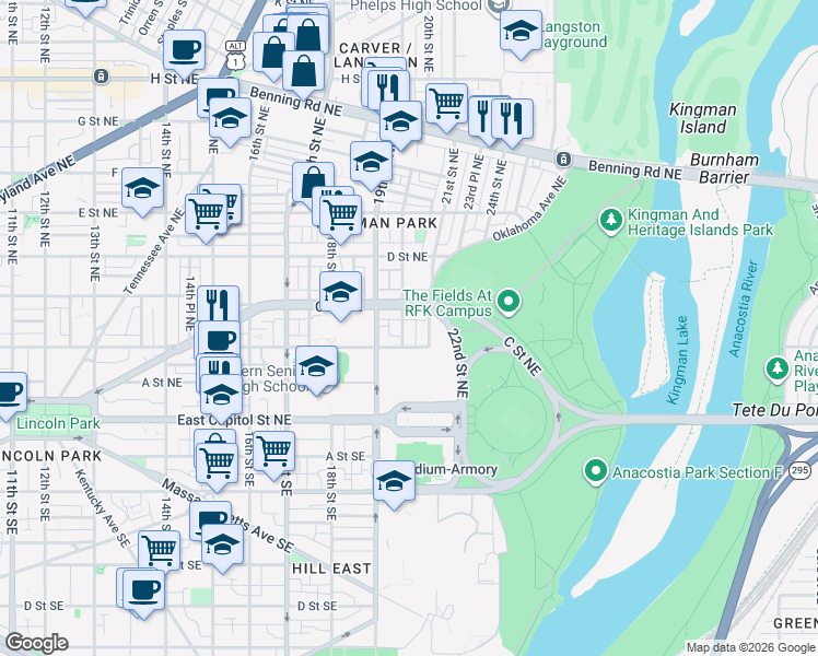 map of restaurants, bars, coffee shops, grocery stores, and more near 101 Independence Avenue Southeast in Washington