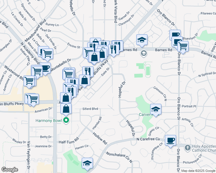 map of restaurants, bars, coffee shops, grocery stores, and more near 4160 Orchid Street in Colorado Springs