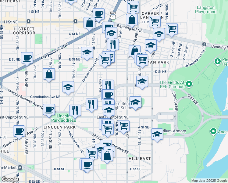 map of restaurants, bars, coffee shops, grocery stores, and more near 101 Independence Avenue Southeast in Washington
