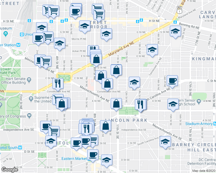 map of restaurants, bars, coffee shops, grocery stores, and more near 101 Independence Avenue Southeast in Washington