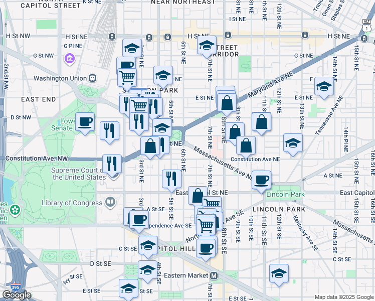 map of restaurants, bars, coffee shops, grocery stores, and more near 101 Independence Avenue Southeast in Washington