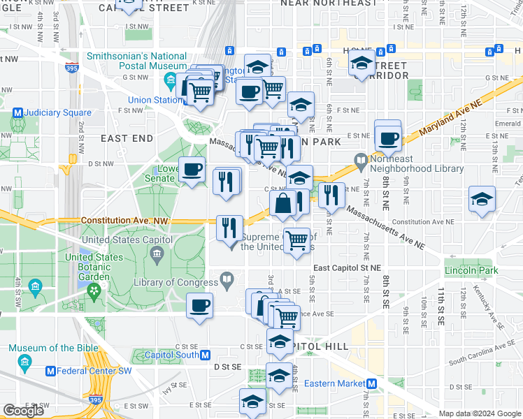 map of restaurants, bars, coffee shops, grocery stores, and more near 101 Independence Avenue Southeast in Washington