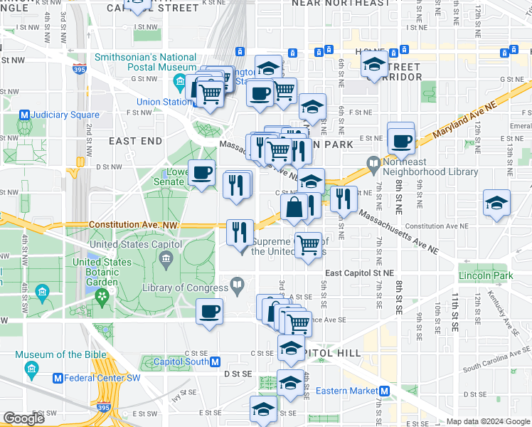 map of restaurants, bars, coffee shops, grocery stores, and more near 101 Independence Avenue Southeast in Washington