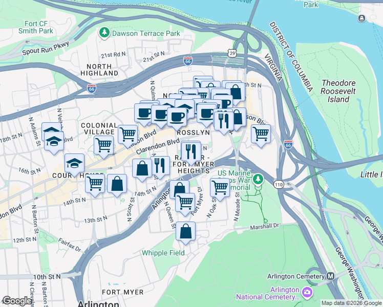 map of restaurants, bars, coffee shops, grocery stores, and more near in Arlington