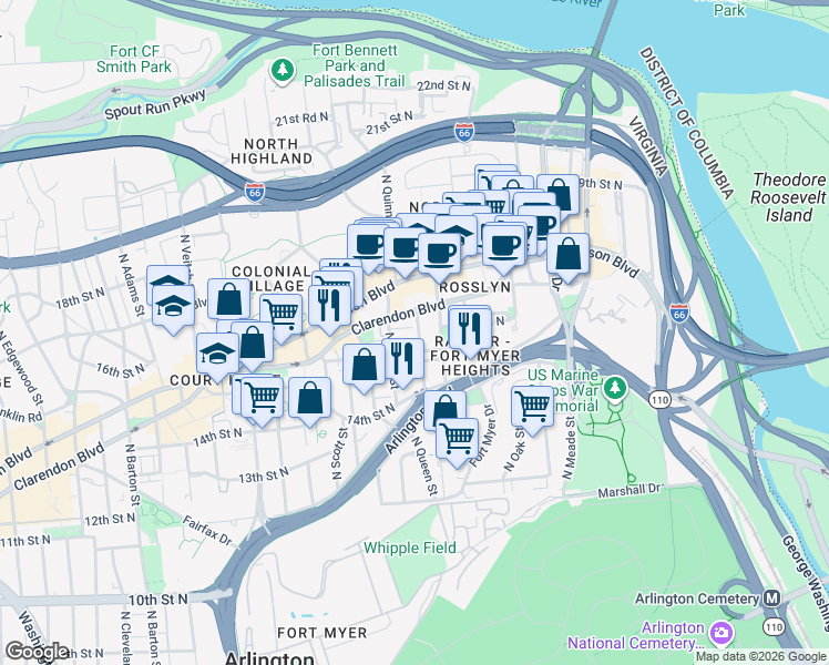 map of restaurants, bars, coffee shops, grocery stores, and more near 101 Independence Avenue Southeast in Washington
