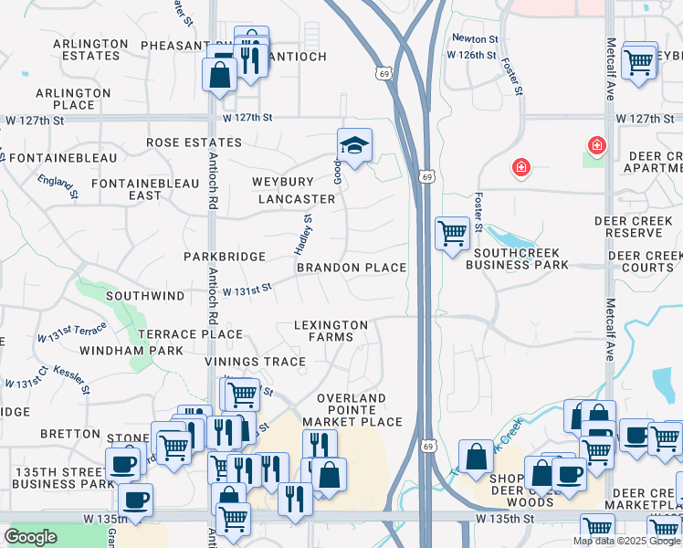 map of restaurants, bars, coffee shops, grocery stores, and more near 8117 West 131st Place in Overland Park