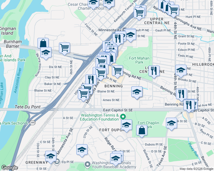 map of restaurants, bars, coffee shops, grocery stores, and more near 3935 Clay Place Northeast in Washington