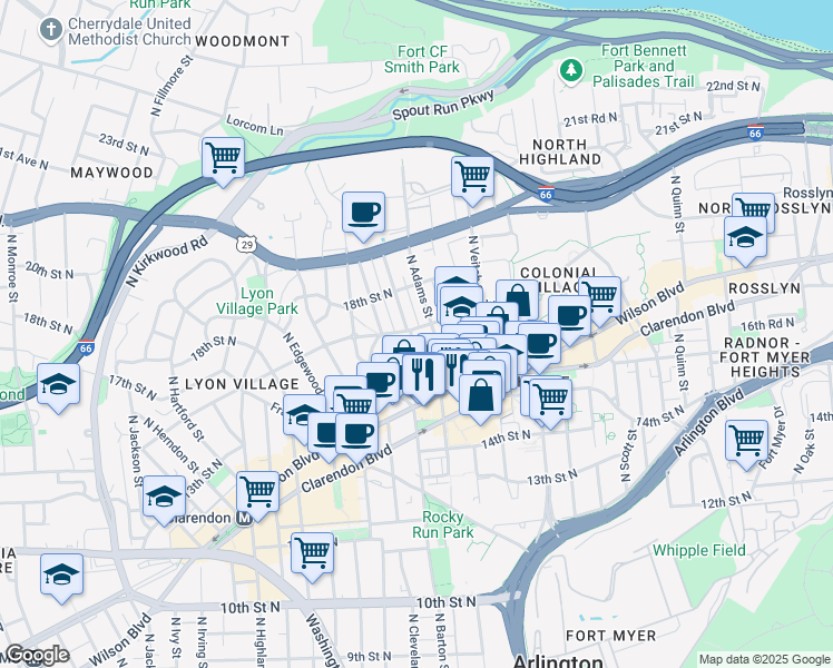 map of restaurants, bars, coffee shops, grocery stores, and more near 2414 Key Boulevard in Arlington