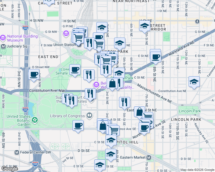 map of restaurants, bars, coffee shops, grocery stores, and more near 101 Independence Avenue Southeast in Washington