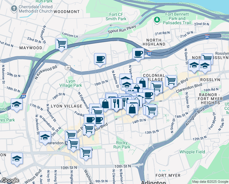 map of restaurants, bars, coffee shops, grocery stores, and more near 2414 Key Boulevard in Arlington