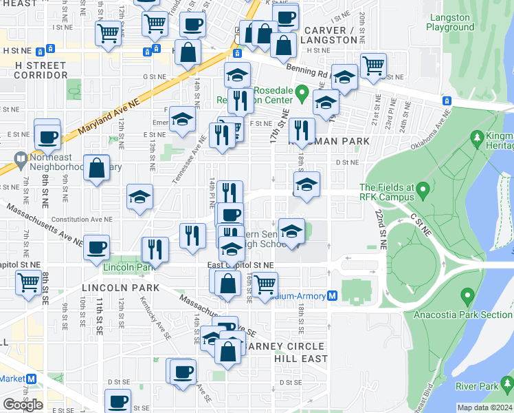 map of restaurants, bars, coffee shops, grocery stores, and more near 217 16th Street Northeast in Washington