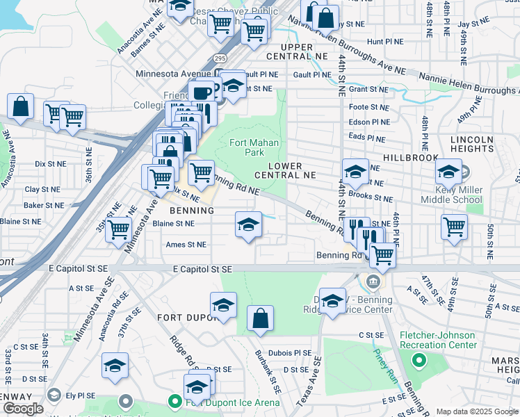 map of restaurants, bars, coffee shops, grocery stores, and more near 4101 Benning Road Northeast in Washington