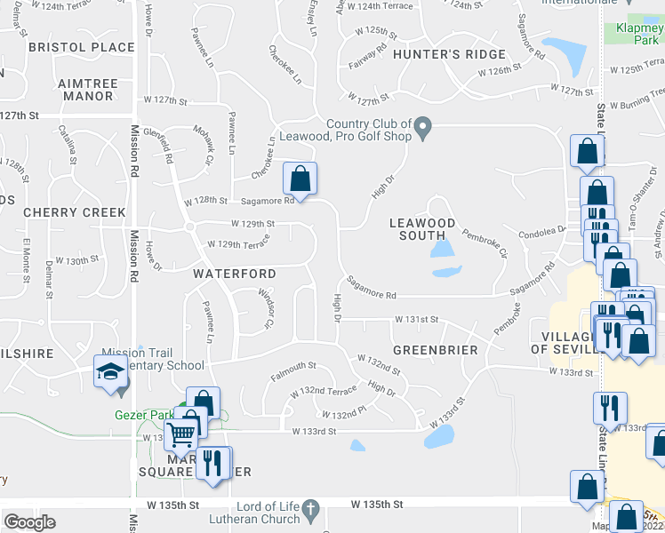 map of restaurants, bars, coffee shops, grocery stores, and more near 12814 Sagamore Road in Leawood