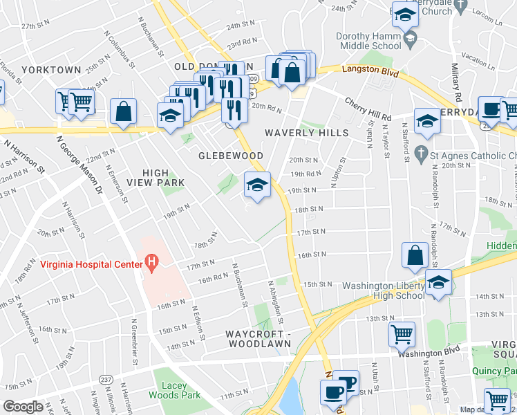 map of restaurants, bars, coffee shops, grocery stores, and more near 1770 North Glebe Road in Arlington