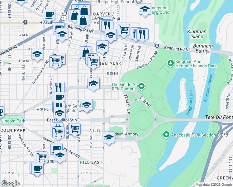 map of restaurants, bars, coffee shops, grocery stores, and more near 101 Independence Avenue Southeast in Washington