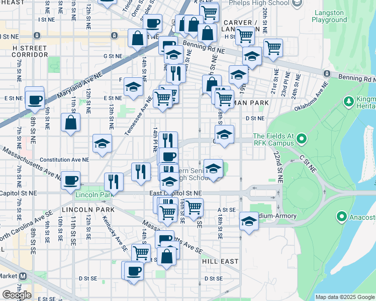 map of restaurants, bars, coffee shops, grocery stores, and more near 217 16th Street Northeast in Washington