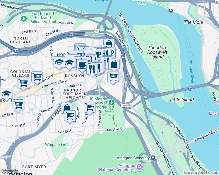 map of restaurants, bars, coffee shops, grocery stores, and more near 1111 Arlington Boulevard in Arlington