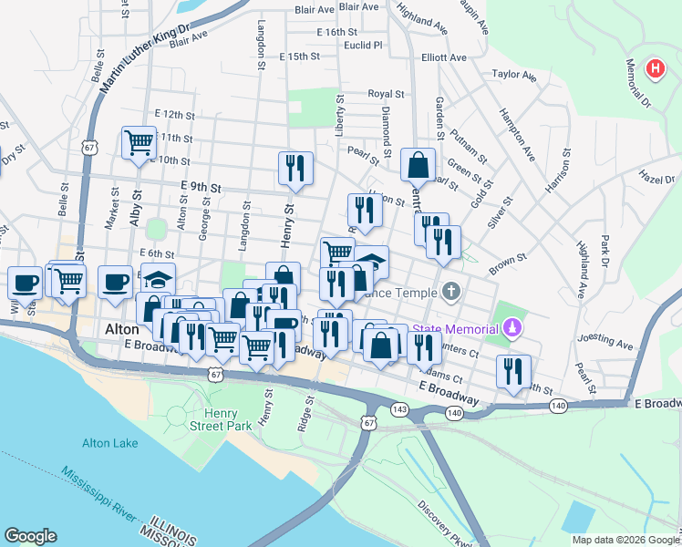 map of restaurants, bars, coffee shops, grocery stores, and more near 504 Ridge Street in Alton
