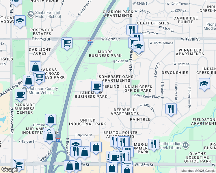 map of restaurants, bars, coffee shops, grocery stores, and more near 723 North Somerset Terrace in Olathe