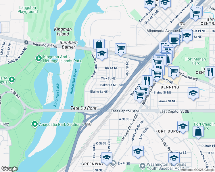 map of restaurants, bars, coffee shops, grocery stores, and more near 222 34th Street Northeast in Washington