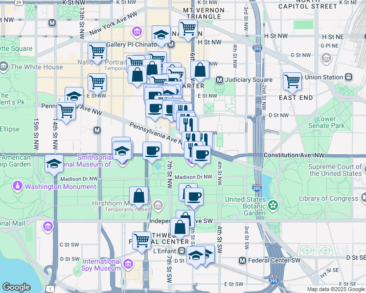 map of restaurants, bars, coffee shops, grocery stores, and more near 600 Pennsylvania Avenue Northwest in Washington
