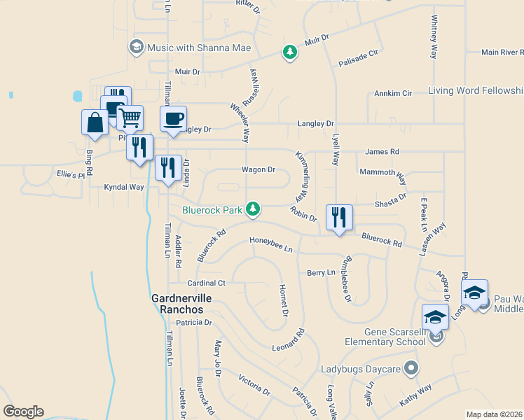 map of restaurants, bars, coffee shops, grocery stores, and more near 749 Bluerock Road in Gardnerville